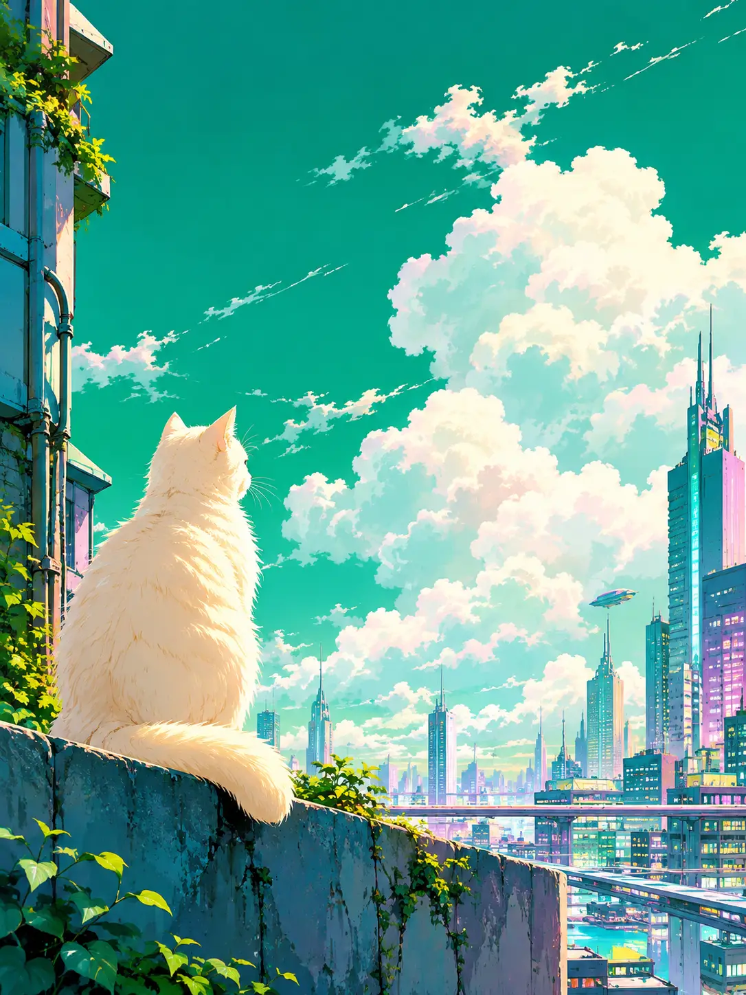 Chat crème sur un mur observant les nuages au-dessus de la ville cyberpunk
