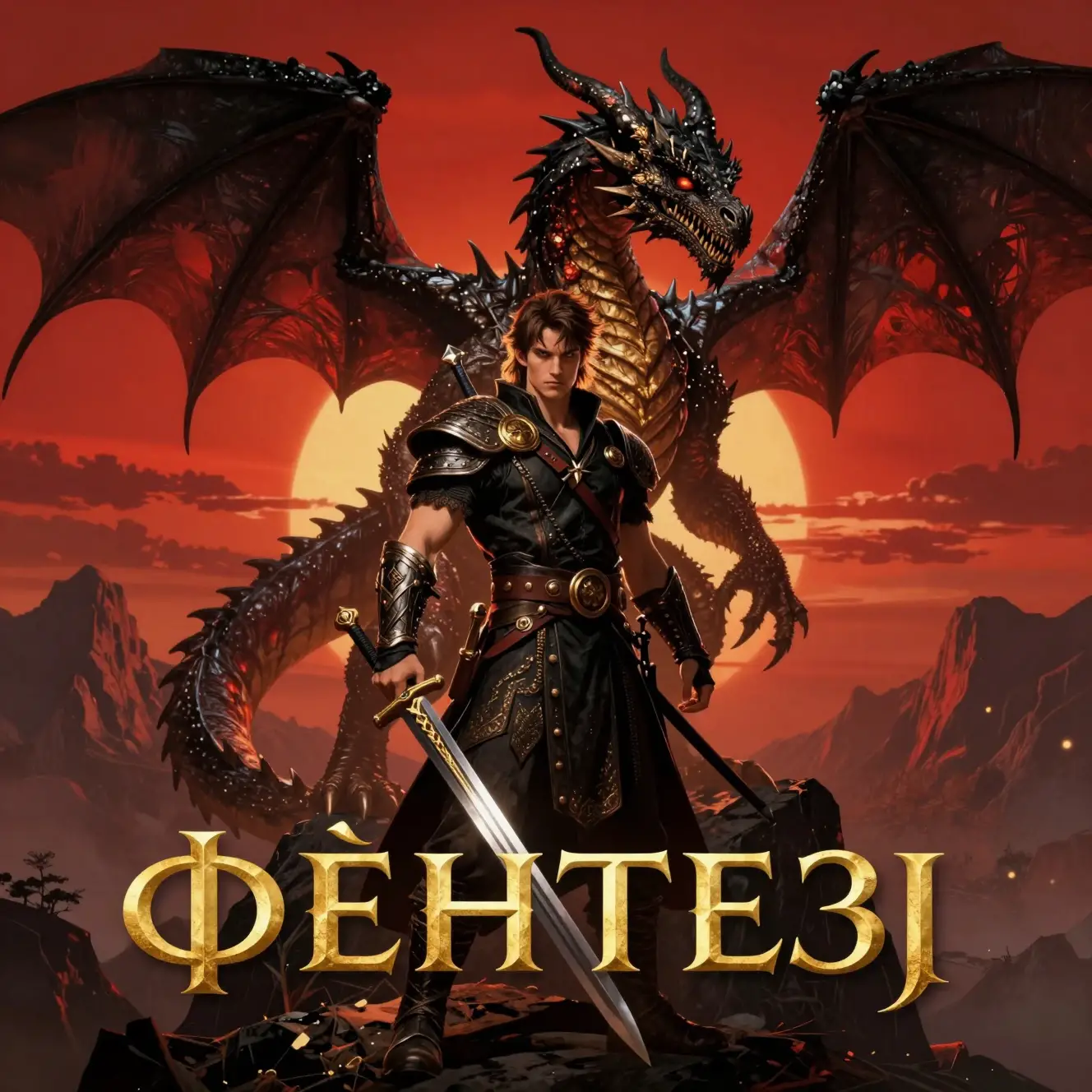 Eroe fantasy con spada di fronte a un enorme drago al tramonto