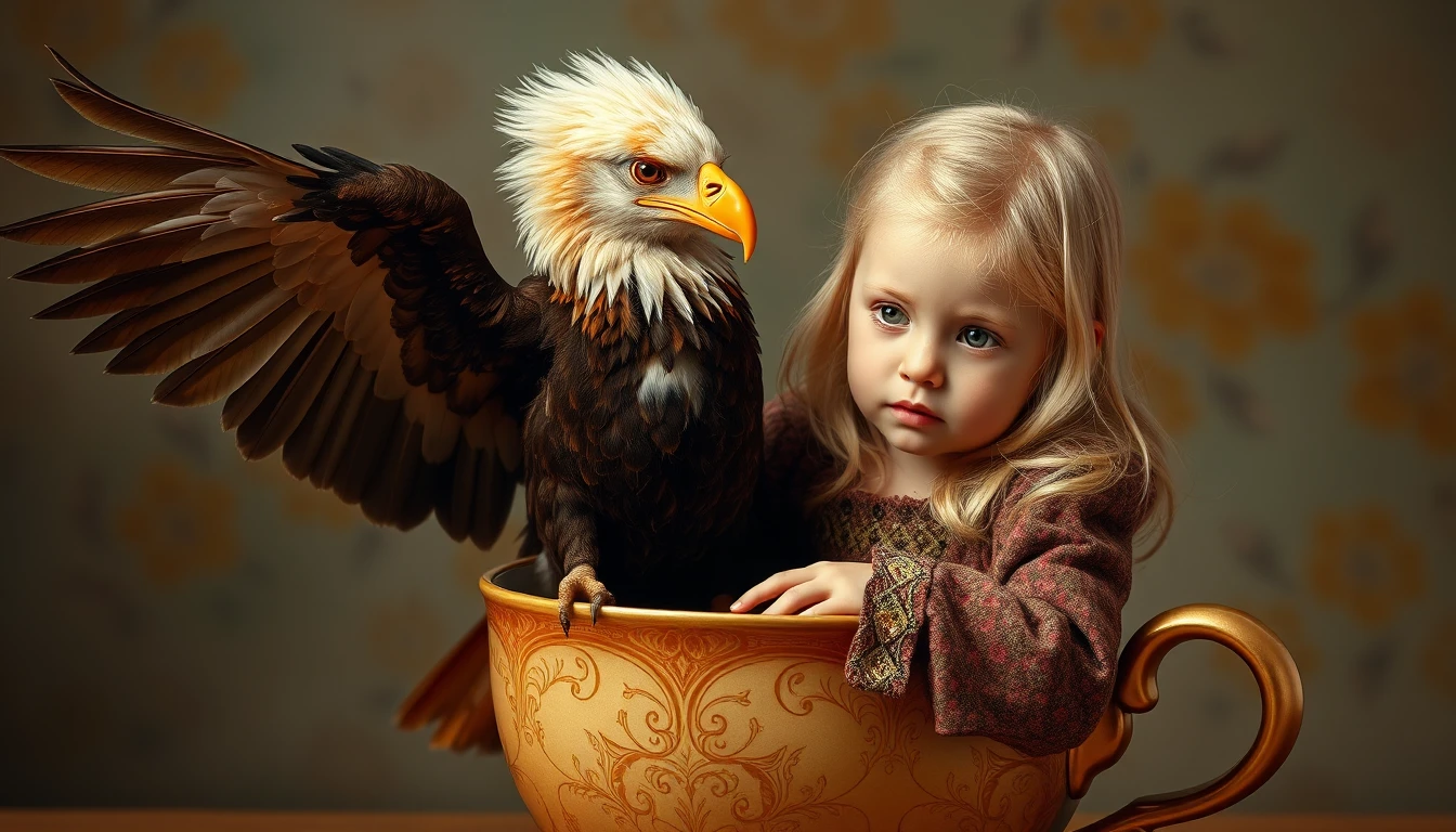 Blonde girl sitting with a sea eagle in a golden cup