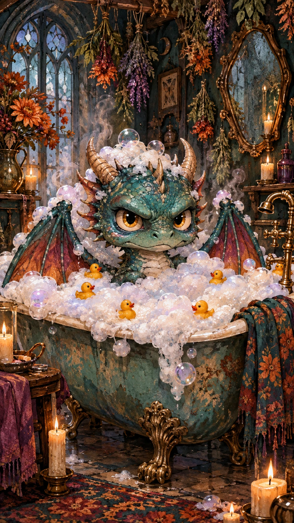 Winziger Drache in einer schaumgefüllten antiken Badewanne mit Löwenfüßen