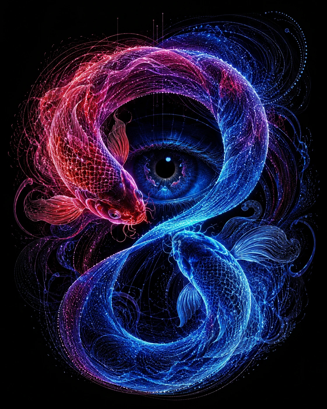 Due koi luminosi che formano un anello circolare surreale