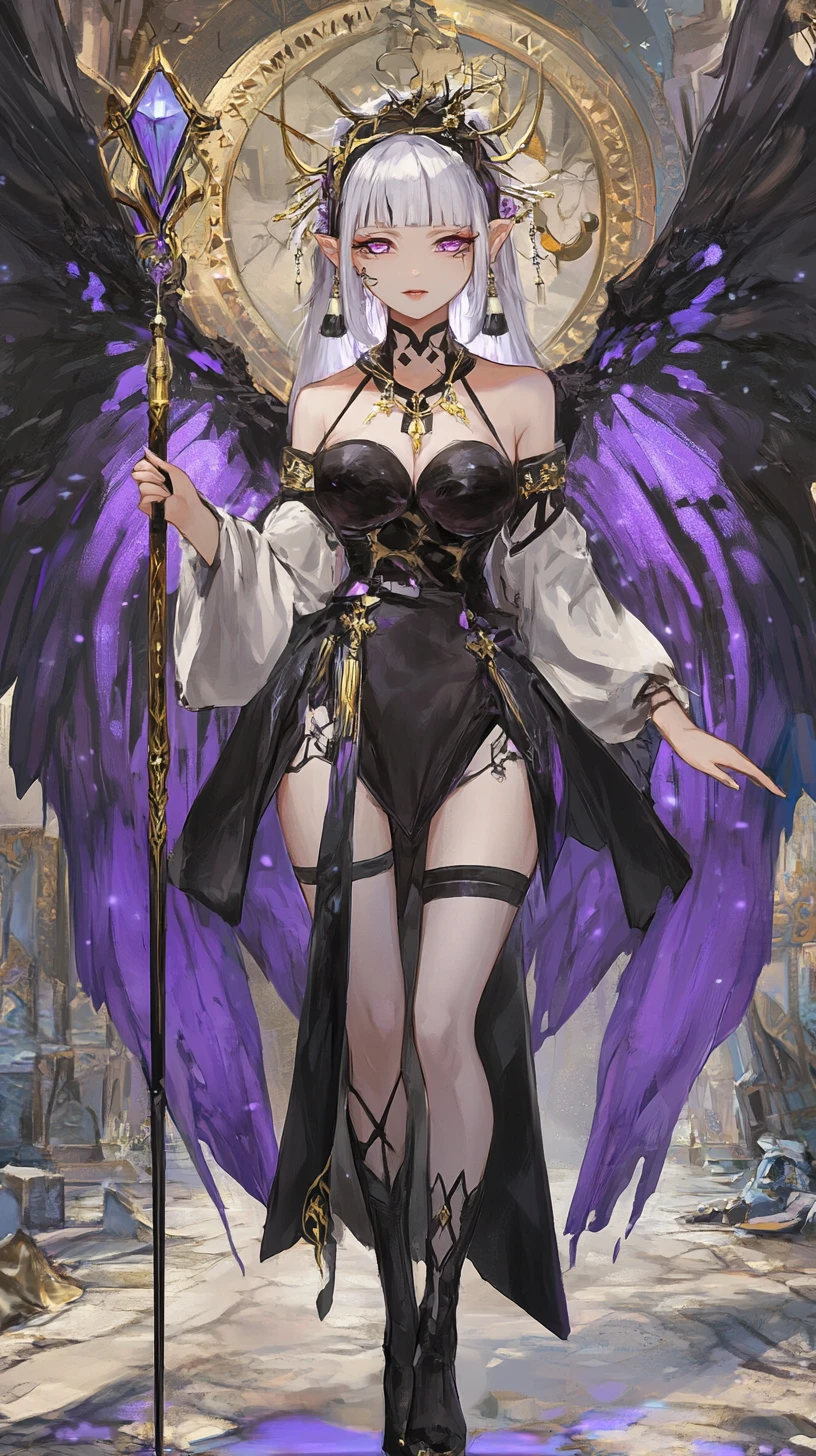 Garota de anime séria com vestido chinês preto e roxo