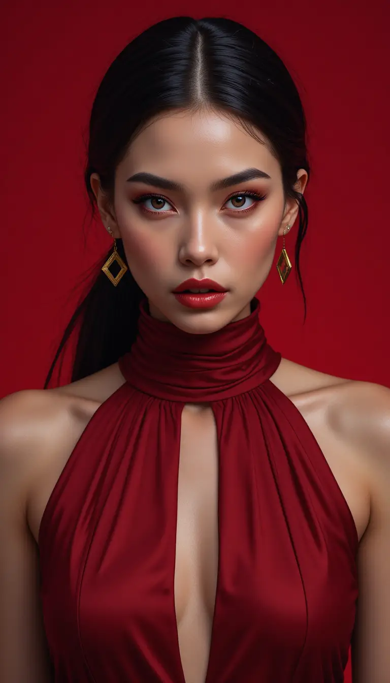 深紅のハイネック衣装を纏った女性の迫力あるファッションポートレート