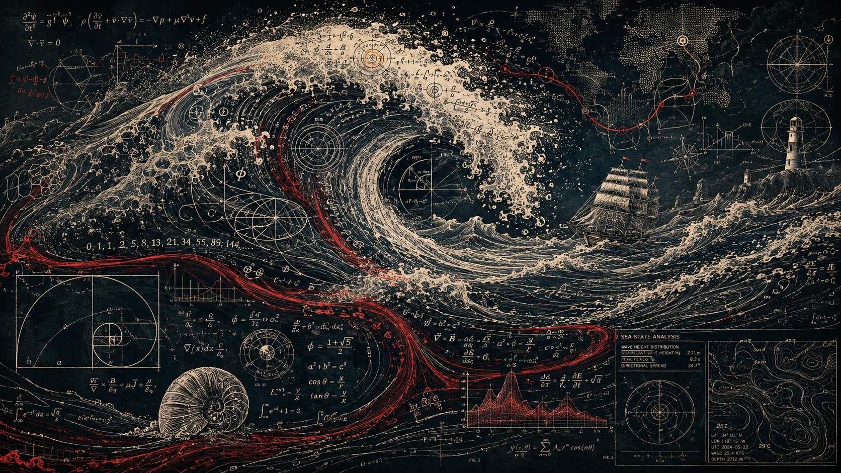 Ondas abstratas gigantes feitas de símbolos matemáticos e náuticos
