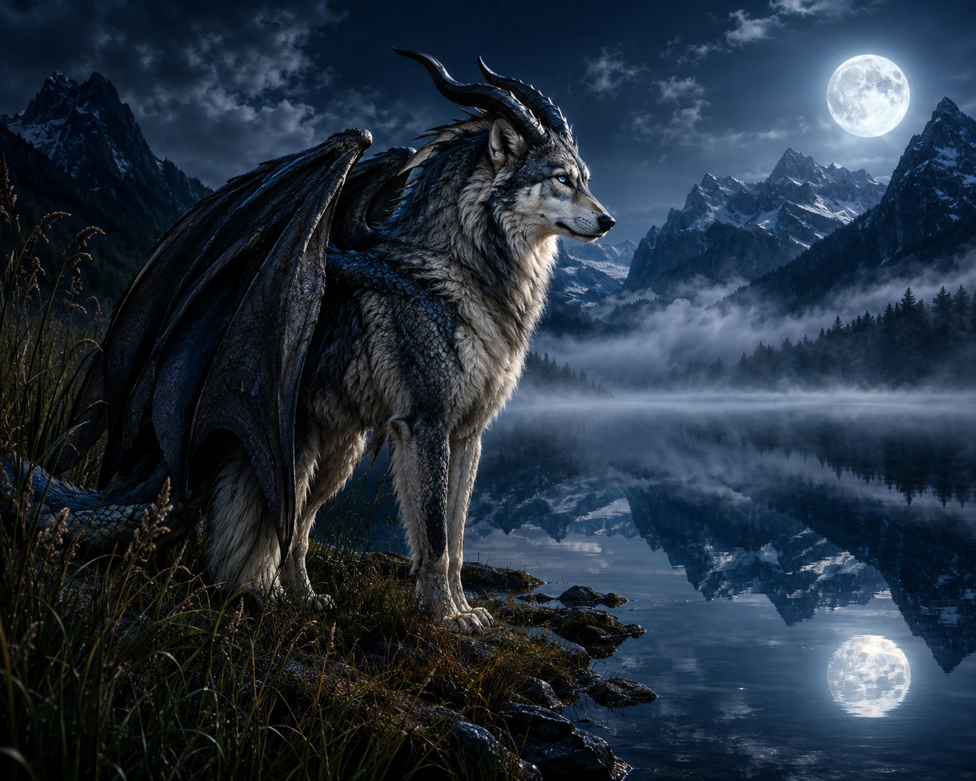 Dragão lobo alado à beira de um lago enevoado ao luar