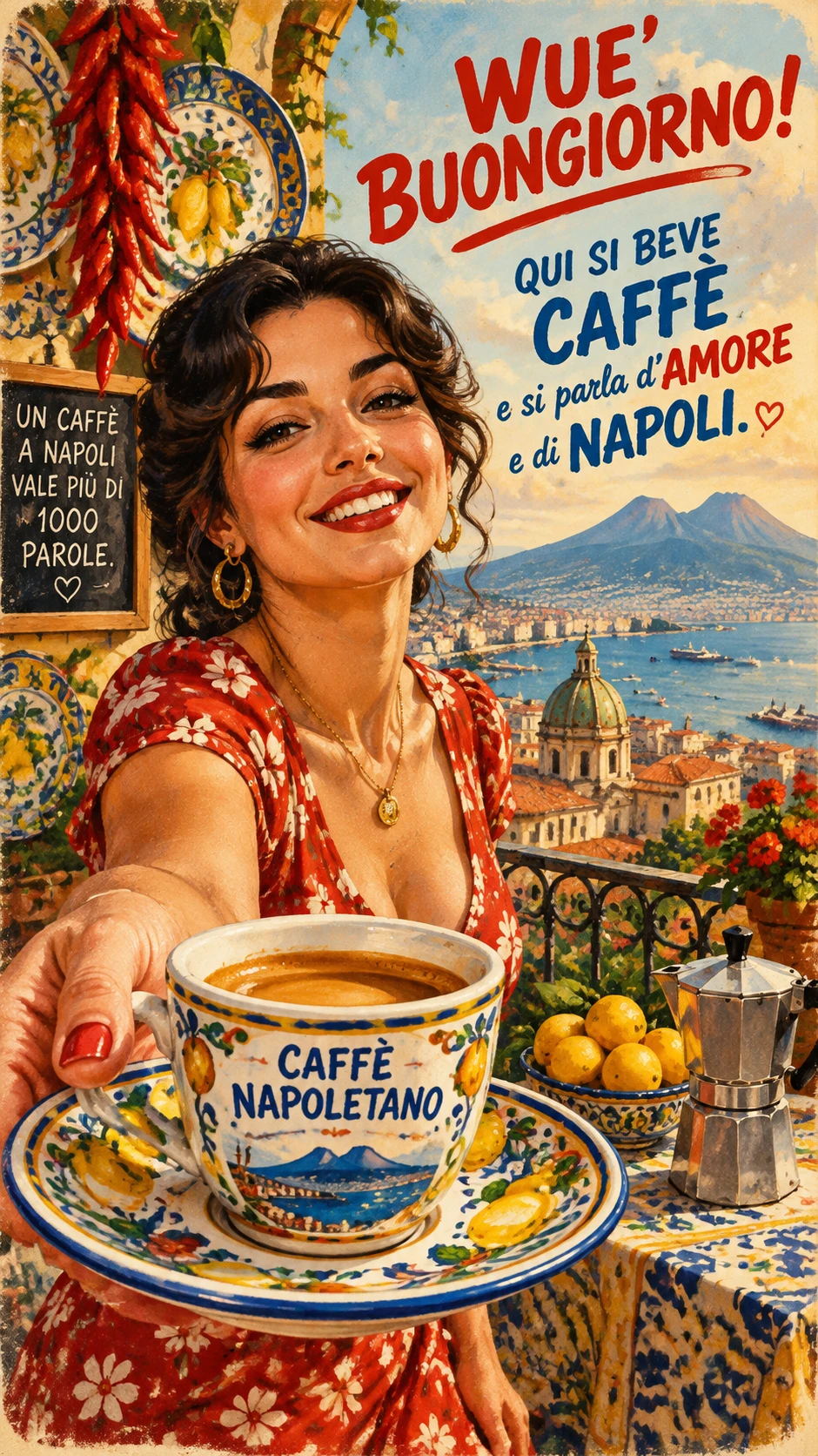 Mulher sorridente oferecendo espresso com Nápoles ao fundo