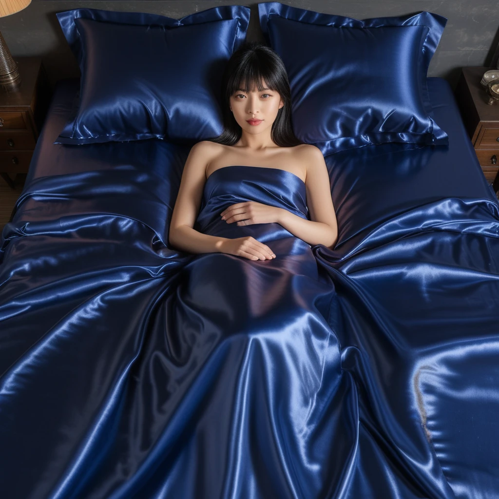 Mulher japonesa deitada em cama king size de cetim índigo