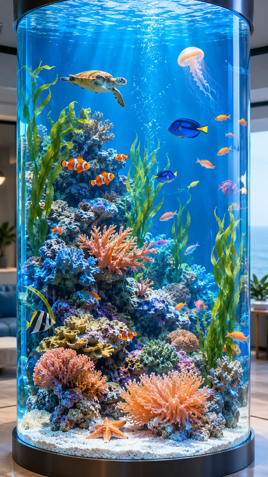 Acuario alto y transparente con una vibrante escena de arrecife de coral
