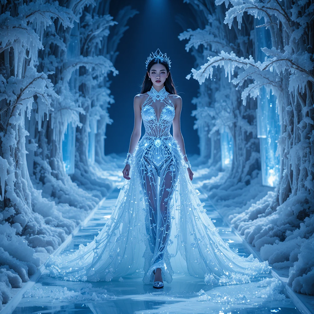 Elegant model on an icy runway in a magical forest