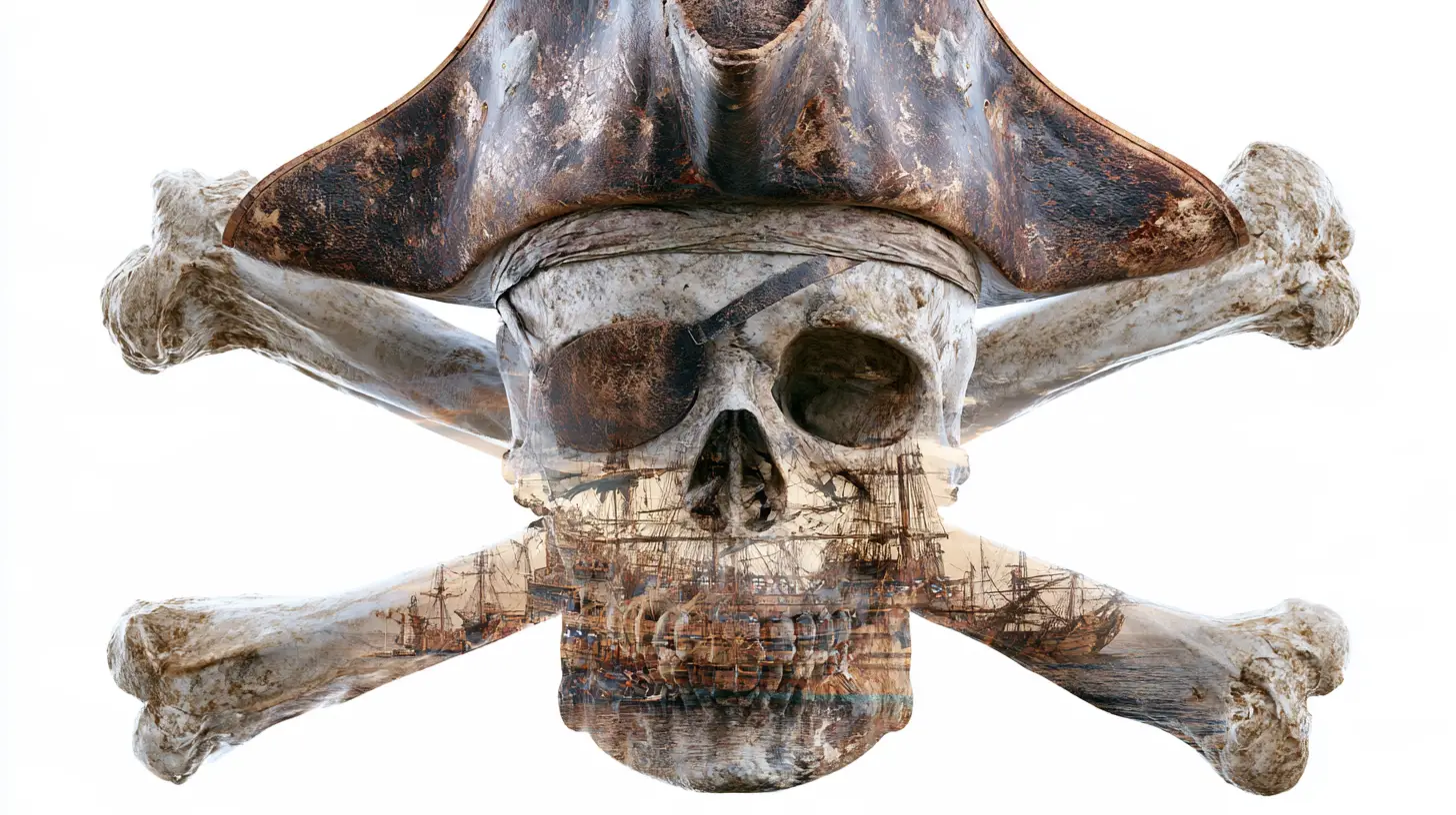 3D jolly roger skull with pirate ship double exposure