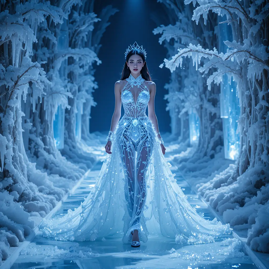 Elegantes Model auf eisiger Laufstegbahn in einem magischen Wald