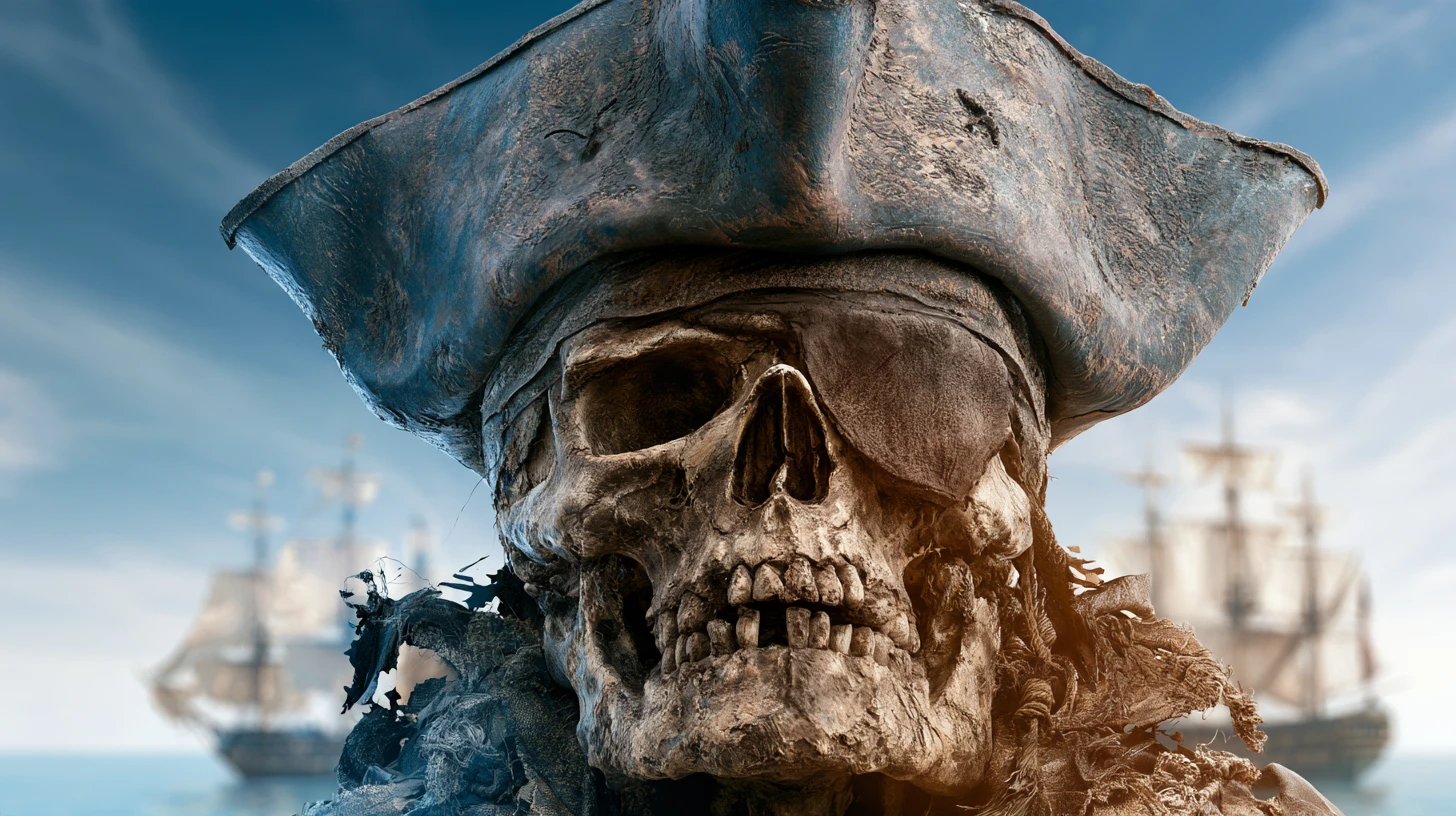 Caveira Jolly Roger 3D com navio pirata em dupla exposição