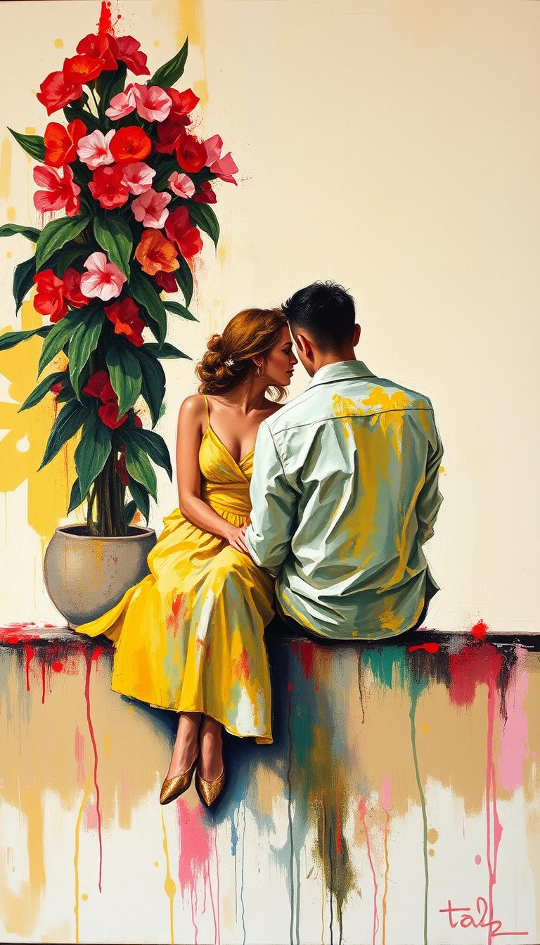 Pintura emocional em impasto de um casal conversando de perto