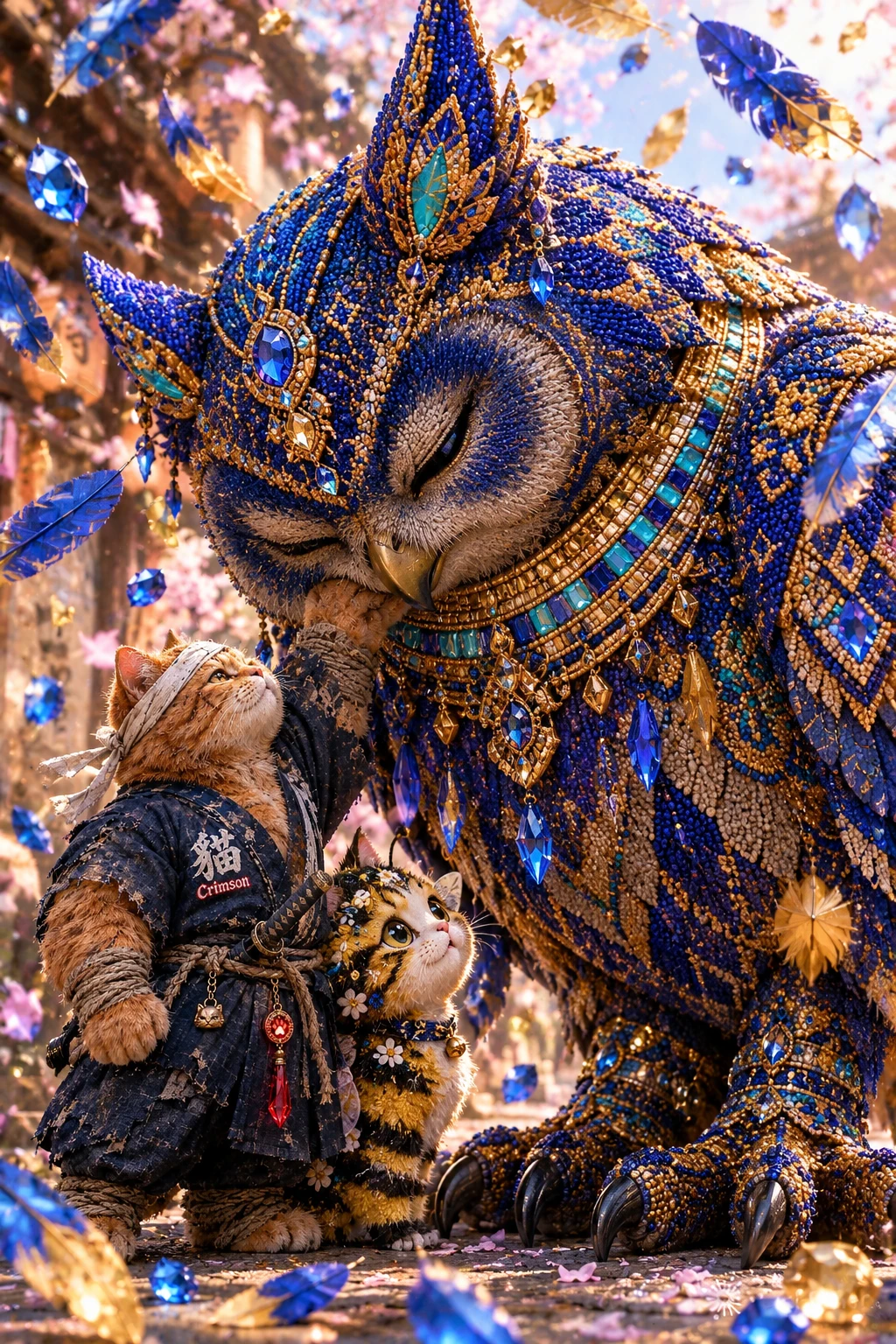 Giant owl gently nuzzling a hooded warrior companion