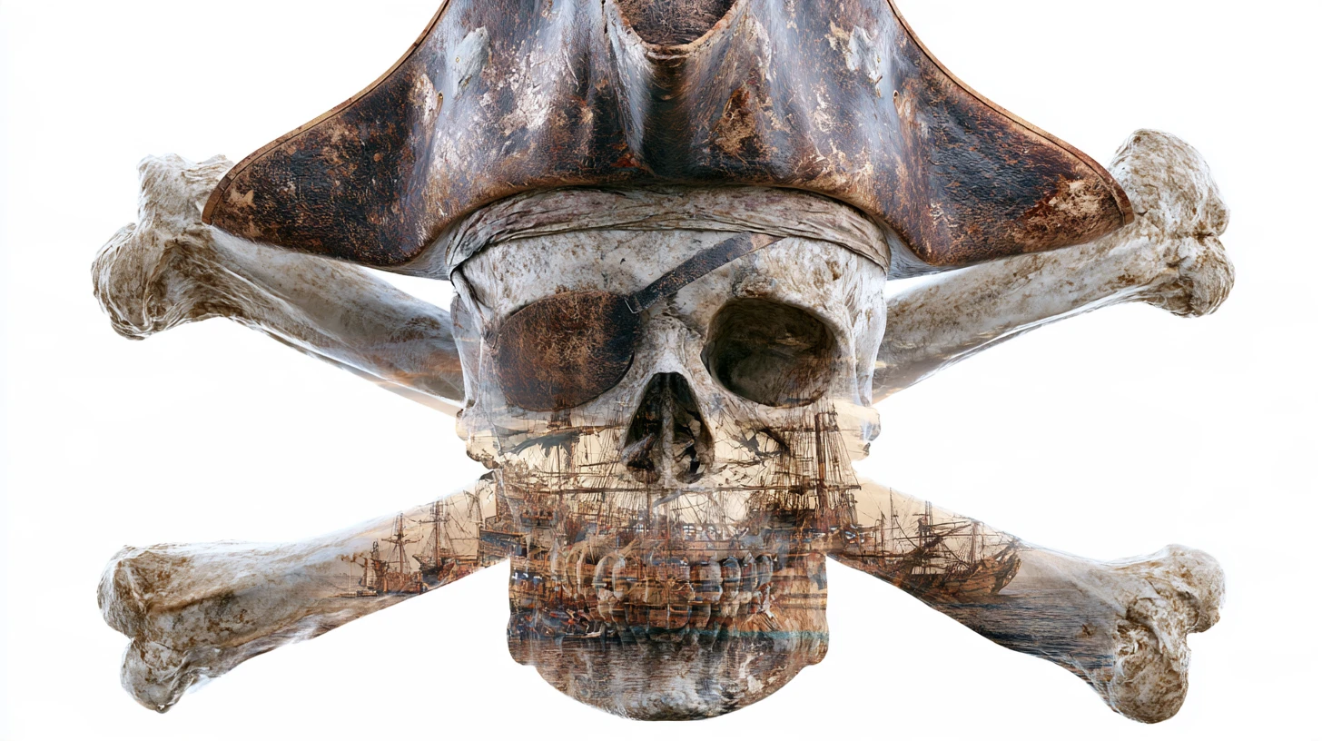 3D jolly roger skull with pirate ship double exposure