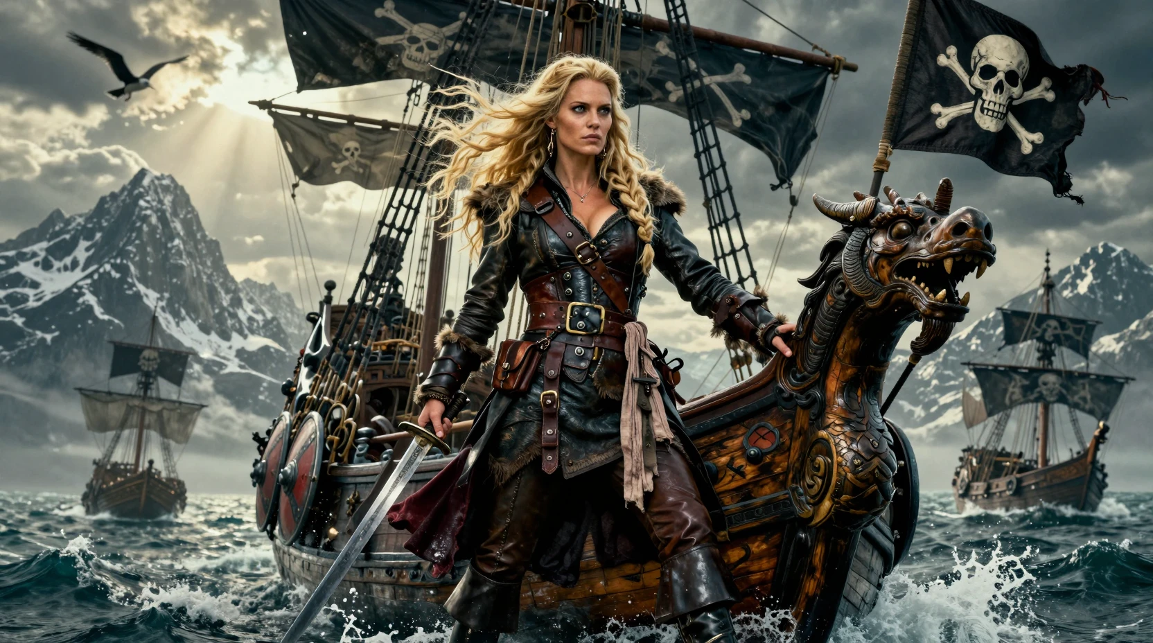 Blonde Piratenfrau steht stark auf einem sturmgepeitschten Langschiff