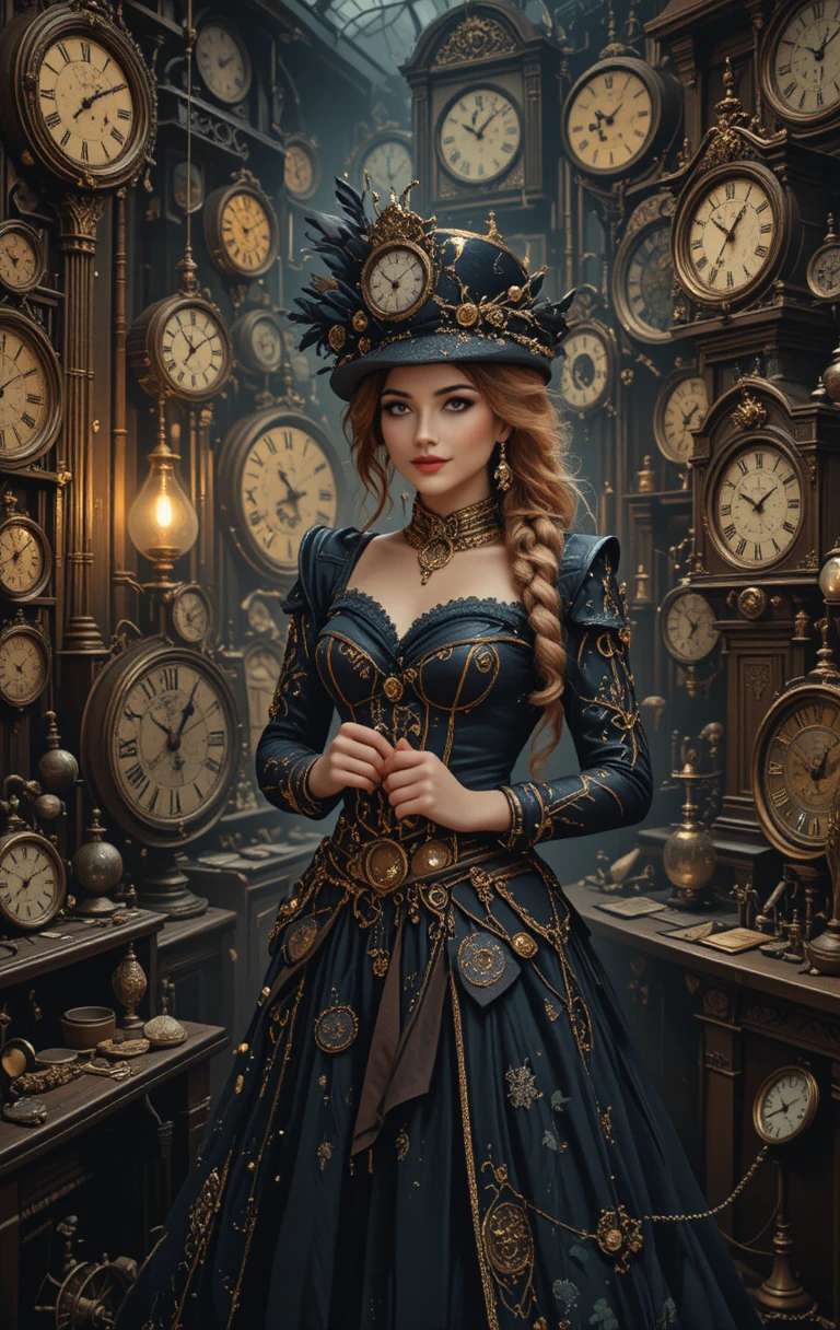 Mulher steampunk reparando relógios em uma aconchegante loja de antiguidades