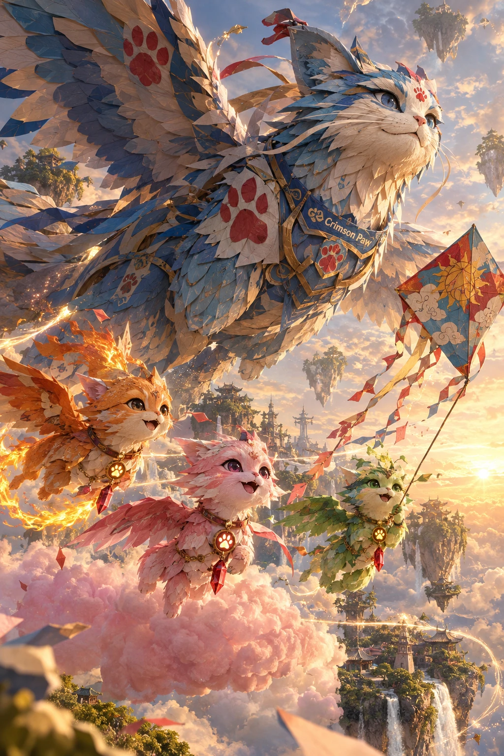 Dragon-chat de papier géant volant avec ses bébés dragons au coucher du soleil