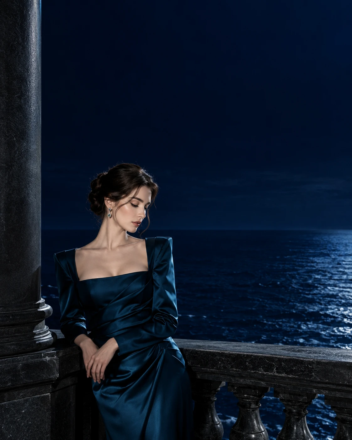 Elegante Frau im smaragdgrünen Abendkleid vor dunklem Ozean