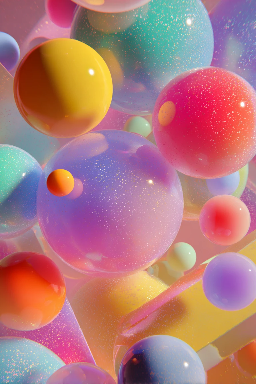 Formas geométricas abstractas en tonos pastel con acentos iridiscentes brillantes