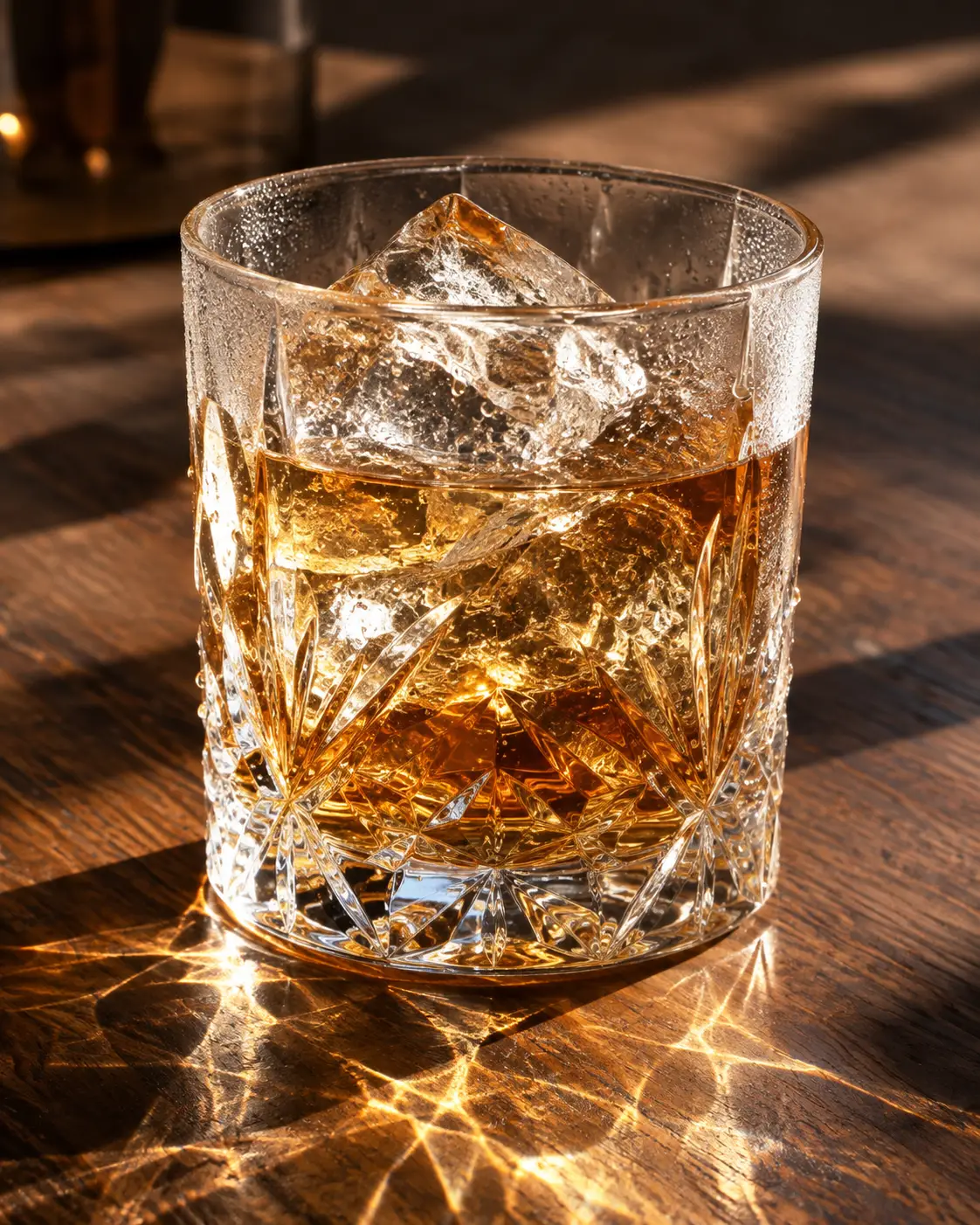 Vaso de whisky con hielo tallado sobre mesa de nogal oscura