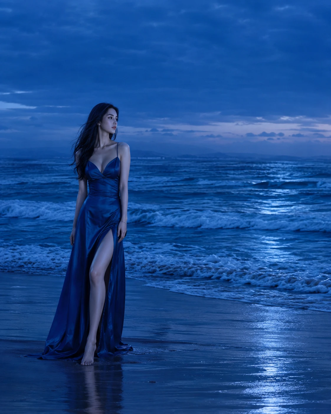 Mulher elegante em vestido azul à beira do mar ao anoitecer