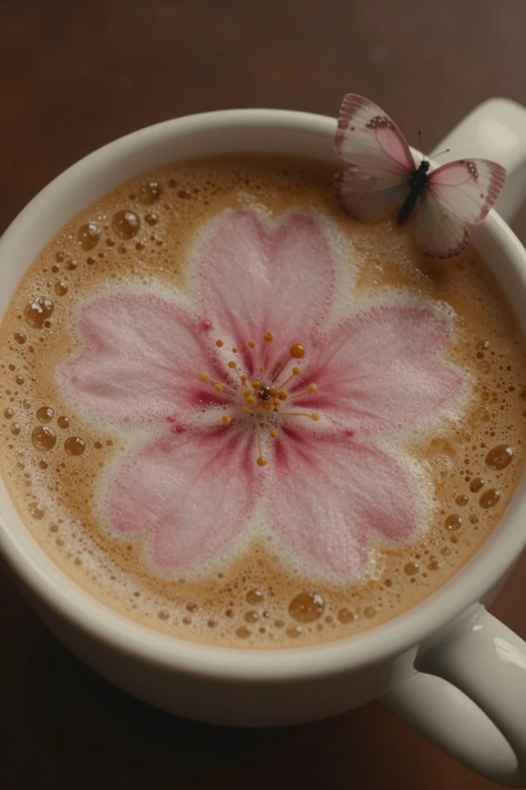 Top down view of coffee with sakura foam art