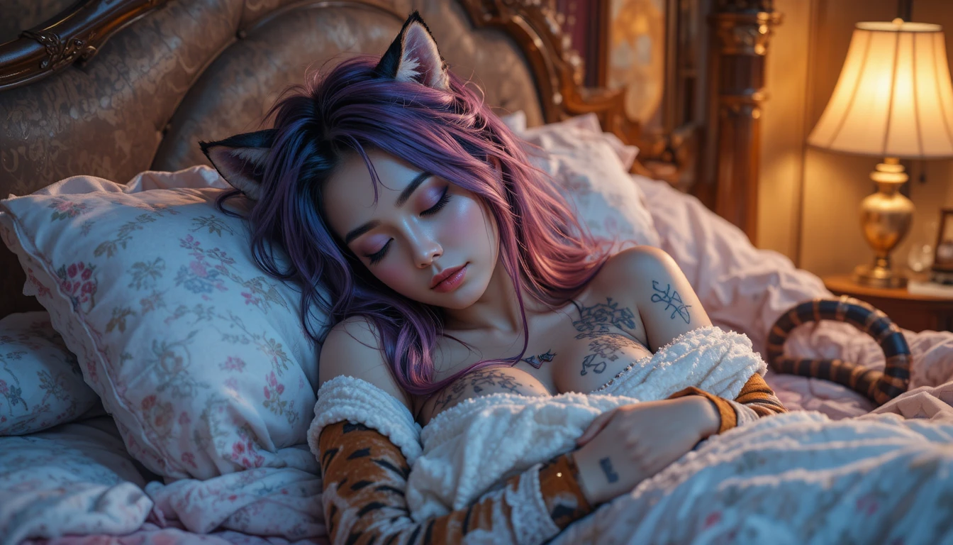 Fantasie-Tigerfrau, die in einem warmen, gemütlichen Schlafzimmer schläft
