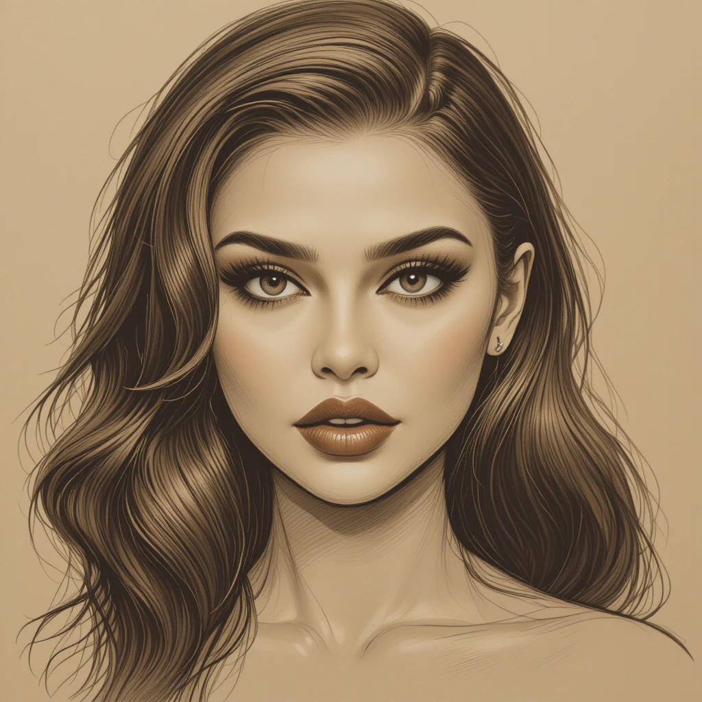 Sepia pencil portrait of a young woman close up