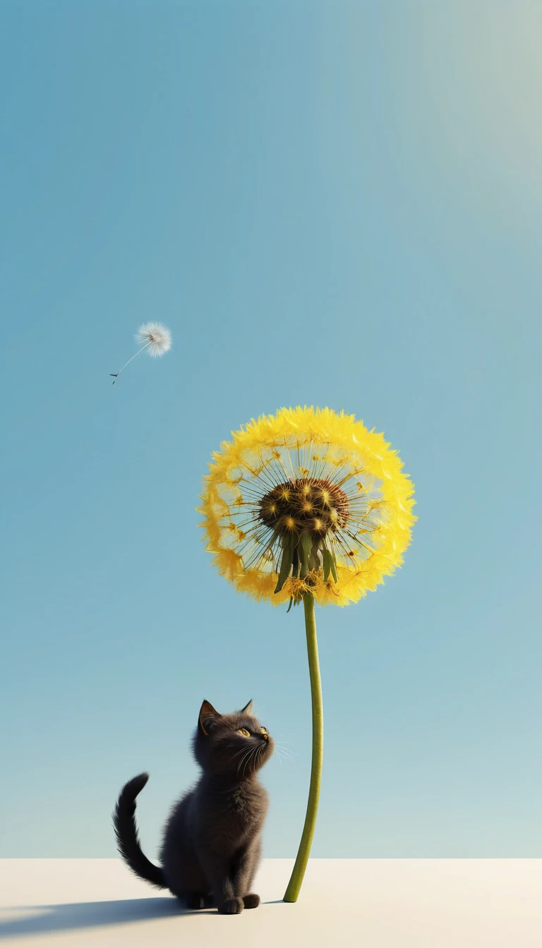 Dente-de-leão amarelo minimalista com silhueta fina de gato de desenho animado