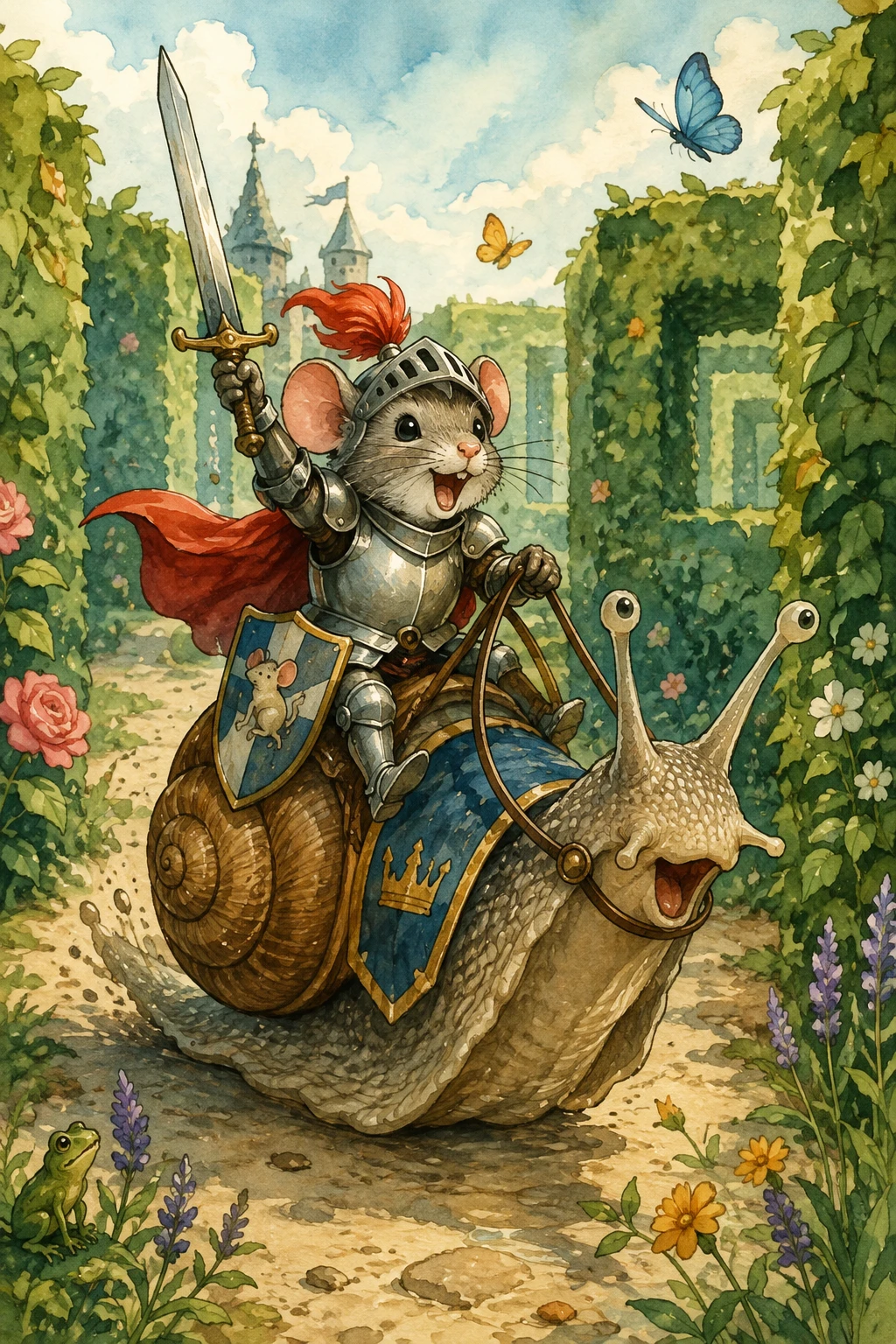 Rato cavaleiro montando um caracol em um labirinto de jardim mágico