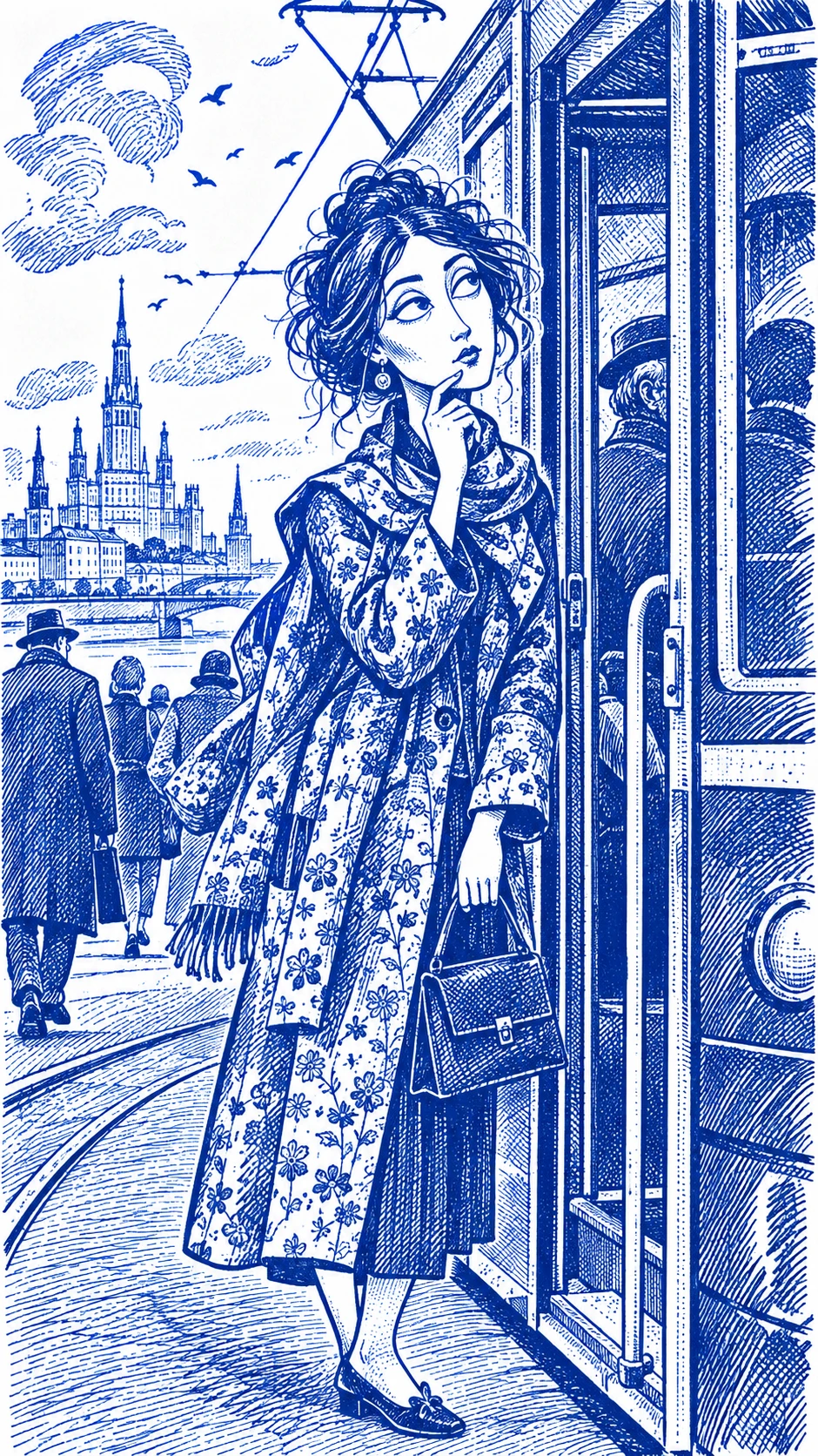 Donna malinconica in piedi all’ingresso di un tram in inchiostro blu