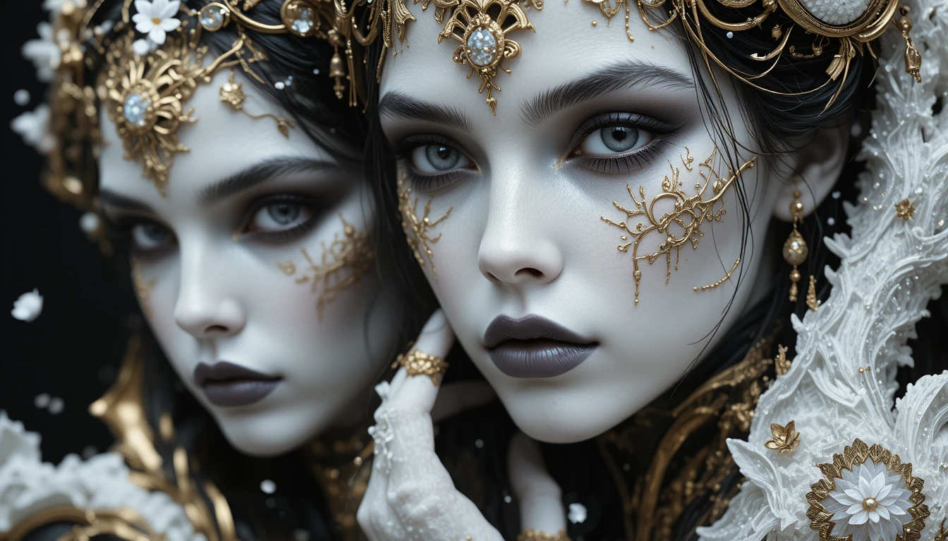 Mulher mística de pele muito clara em retrato em preto e branco
