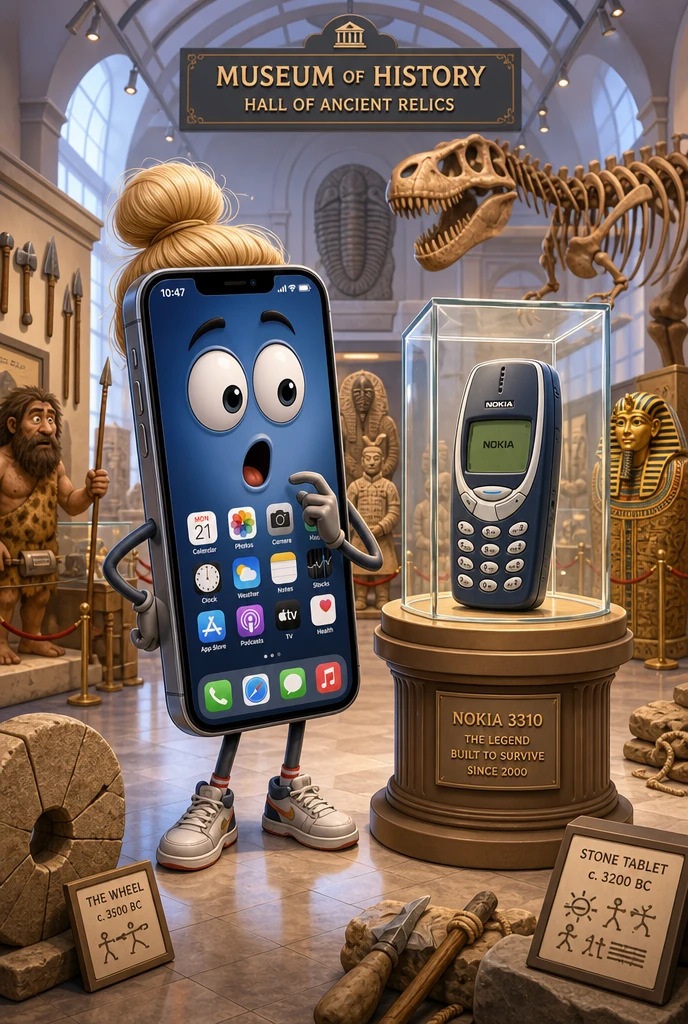 ヒップスター風スマホキャラクターが古代史博物館を訪れる