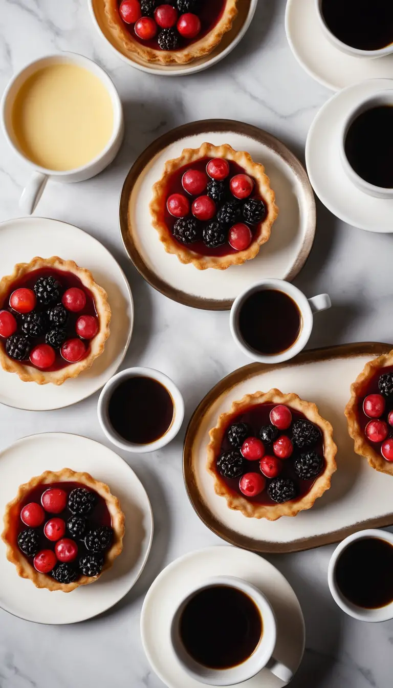 Vista de cima de mini tortas de creme com frutas vermelhas sobre mesa de mármore