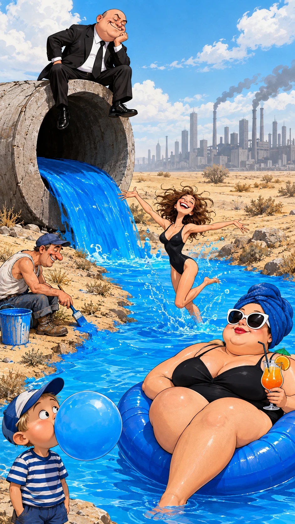 Cartum satírico de mulheres aproveitando um rio azul no deserto