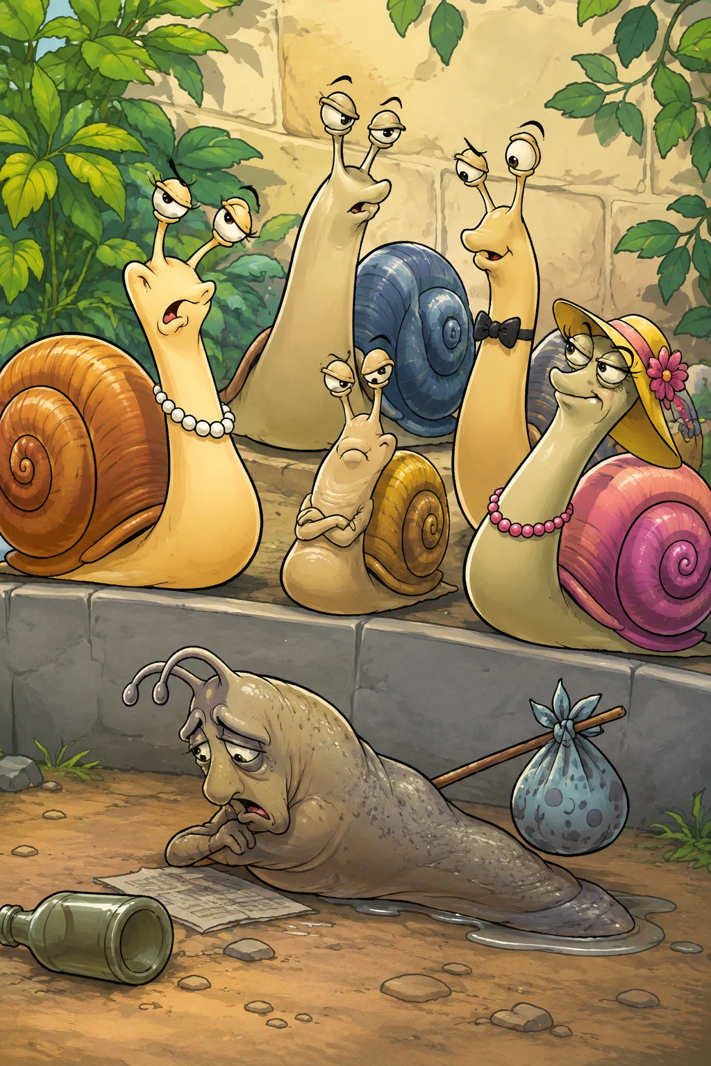 Ilustración cómica y divertida de un caracol humorístico