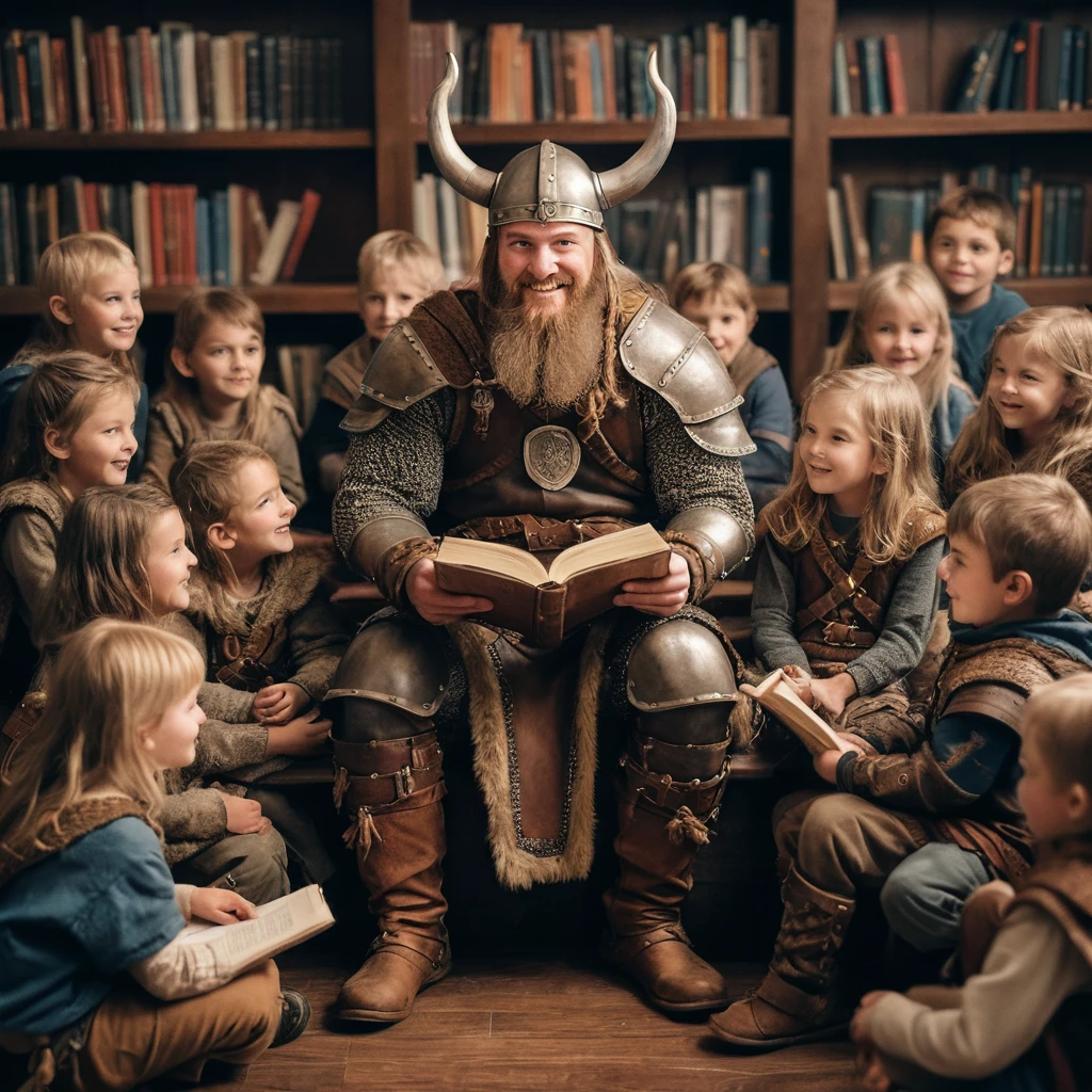 Guerreiro viking lendo para crianças em uma biblioteca aconchegante