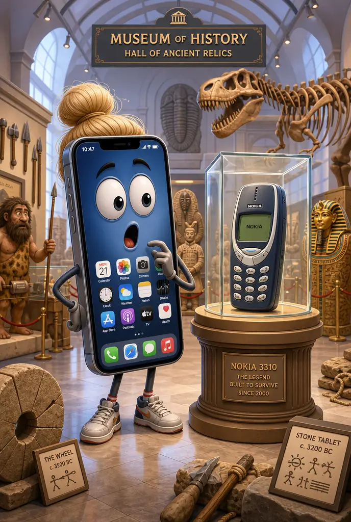 Hipster smartphone character visiting an ancient history museum