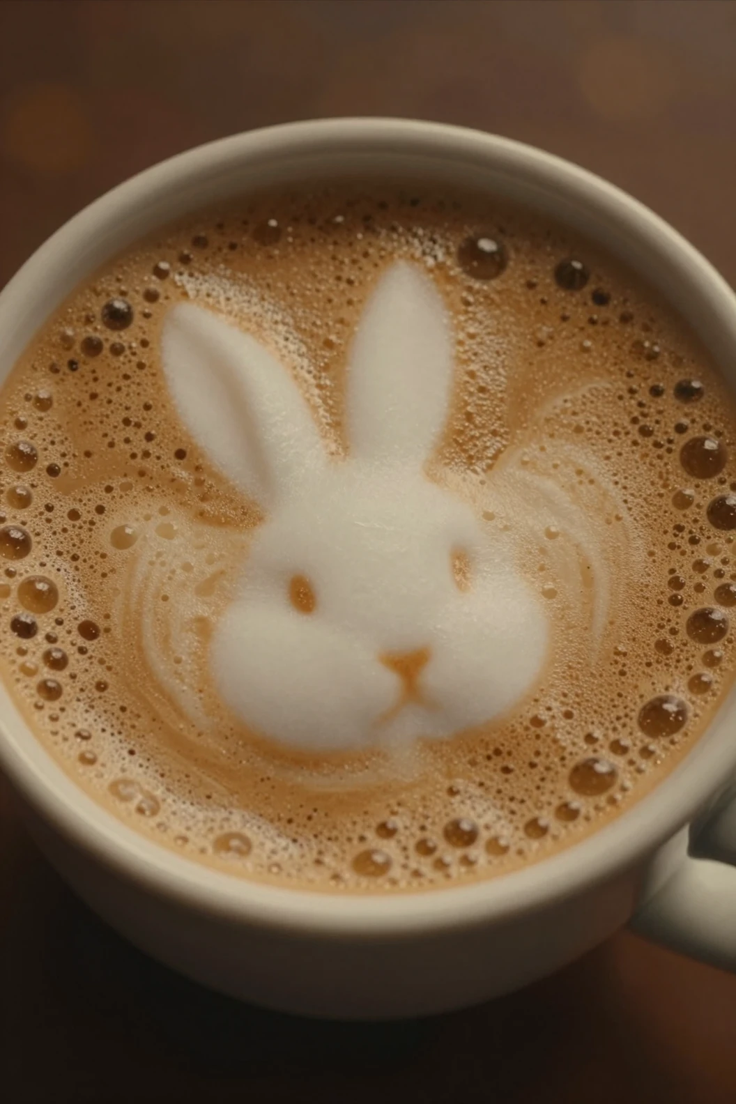 Vue de dessus d’une tasse de café chaleureuse avec art de mousse en forme de lapin