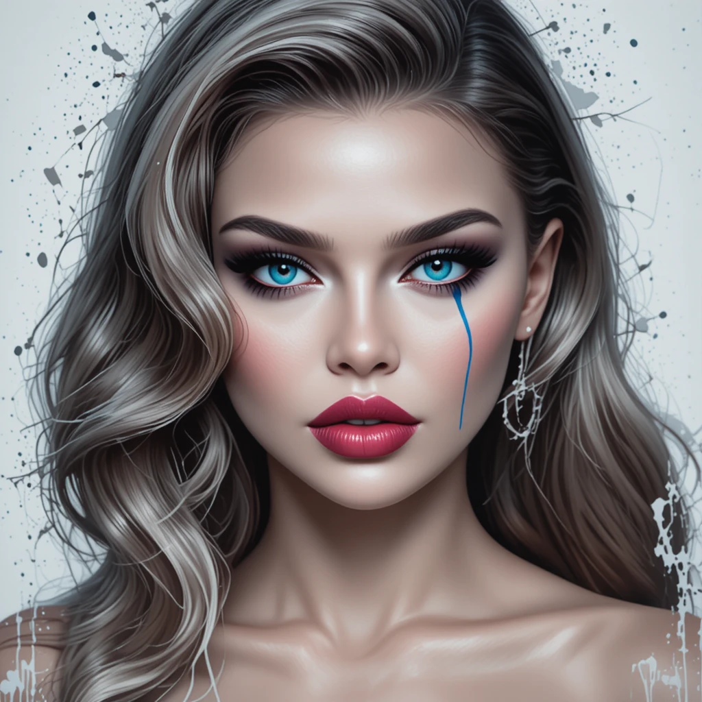 Femme aux cheveux platine, yeux bleus et lèvres roses brillantes