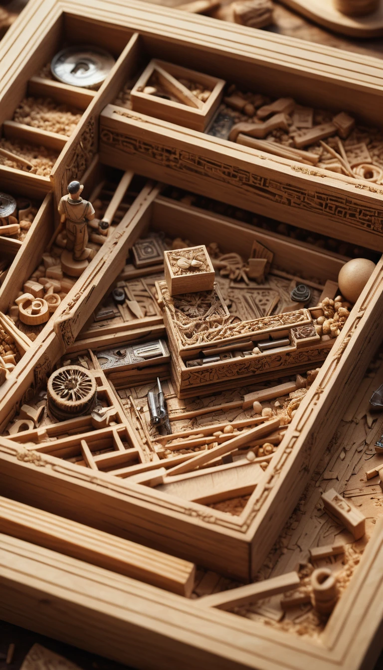 Macro view of a tiny carpentry workshop inside a matchbox
