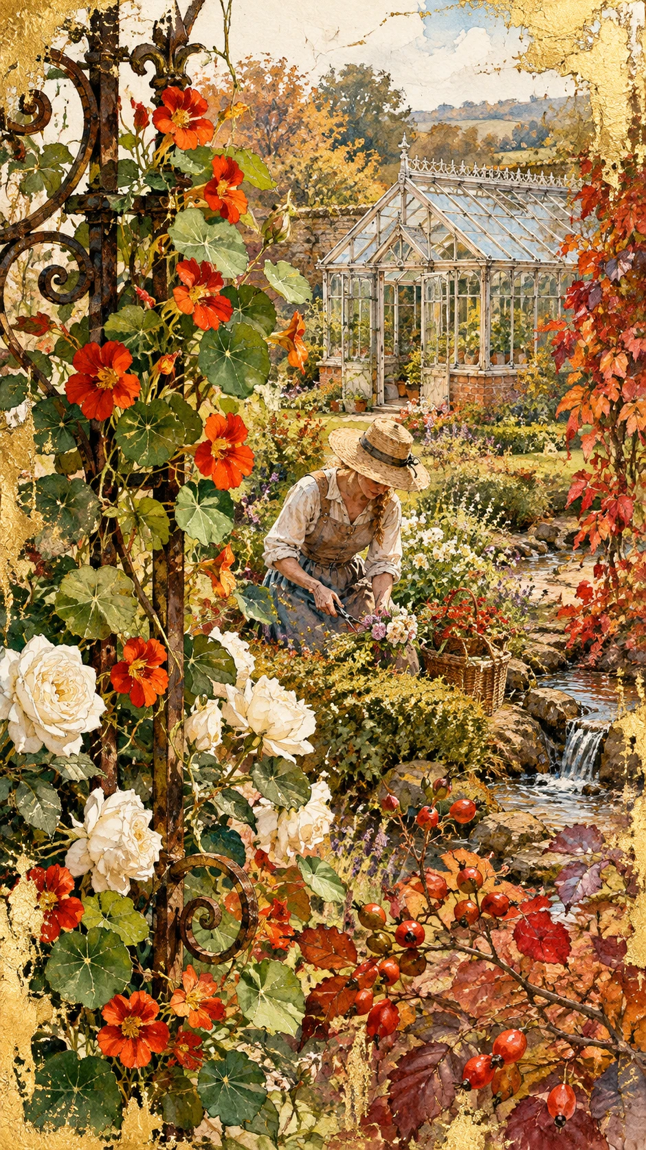 Jovem jardineira em um jardim campestre de flores em aquarela