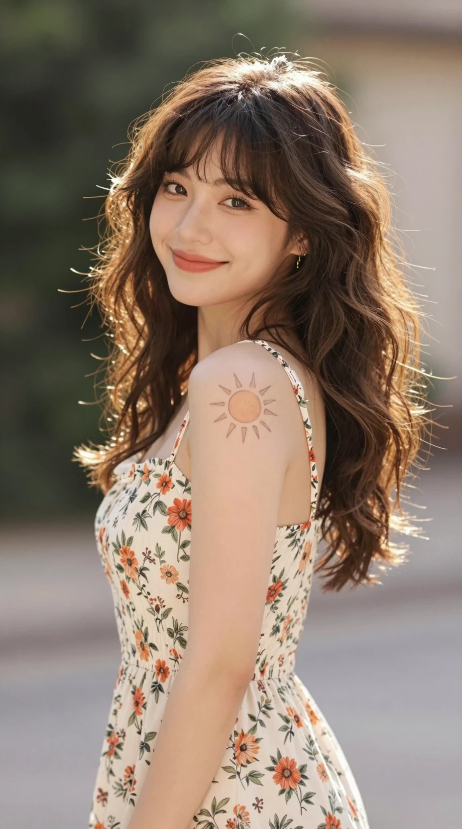 Joven con vestido floral sonriendo cálidamente al aire libre