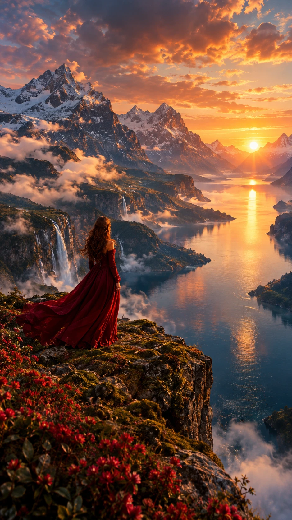 Mulher em vestido carmesim sobre fiorde ao pôr do sol