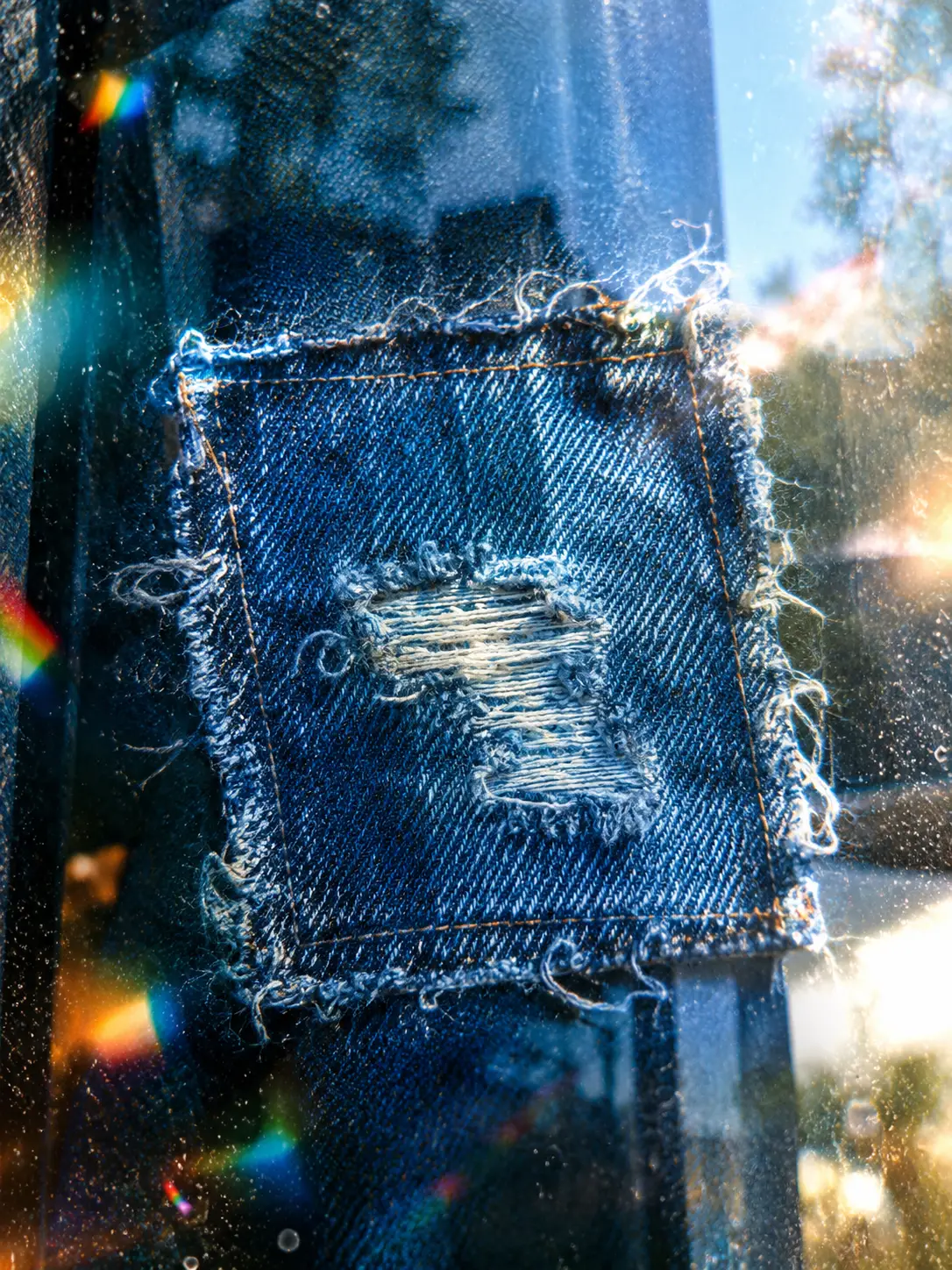 Close up blue denim fabric patch behind reflective glass