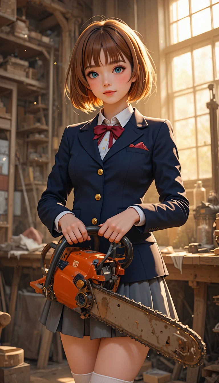 Estudante de anime com motosserra em oficina rústica e acolhedora