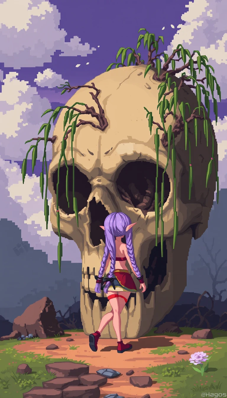 Garota de fantasia em pixel art caminhando ao lado de um crânio gigante