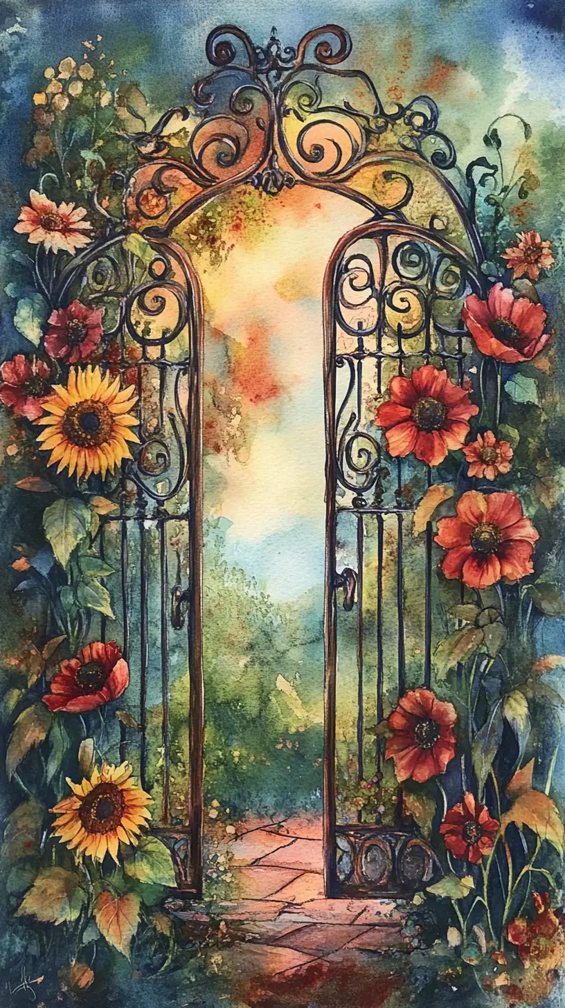 Lebendiger Aquarellgarten mit Mohnblumen, Sonnenblumen und offenem Tor