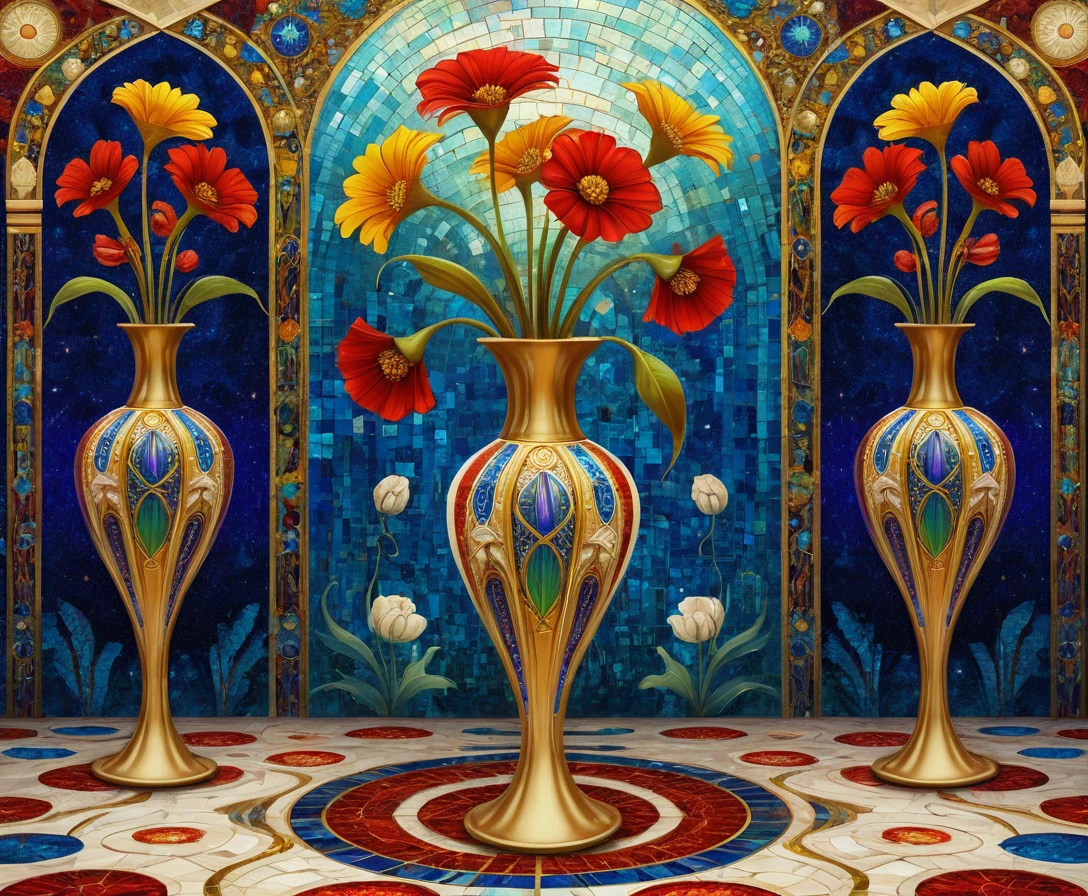 Verspielter Blumenstrauß in hoher Vase mit abstraktem Mosaik